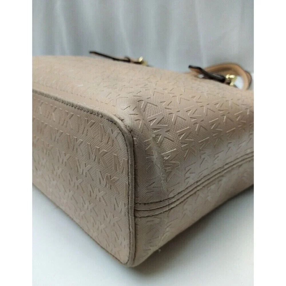 Michael Kors Beige Coated Canvas Leather Trim MK Printed Double Handles Tote Bag